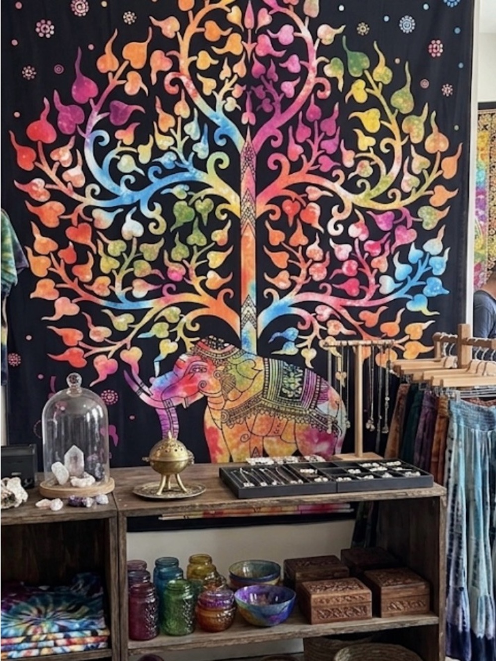 Multicolor Tree of Life Tapestry Wall Hanging - Vibrant Black Background